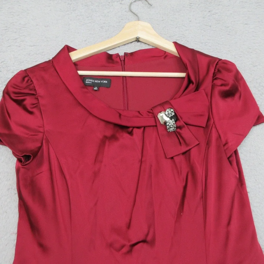 Jones New York Satin Dress Womens 12 Red Short Sleeve Jewel Neck Party Cocktail - Picture 5 of 16